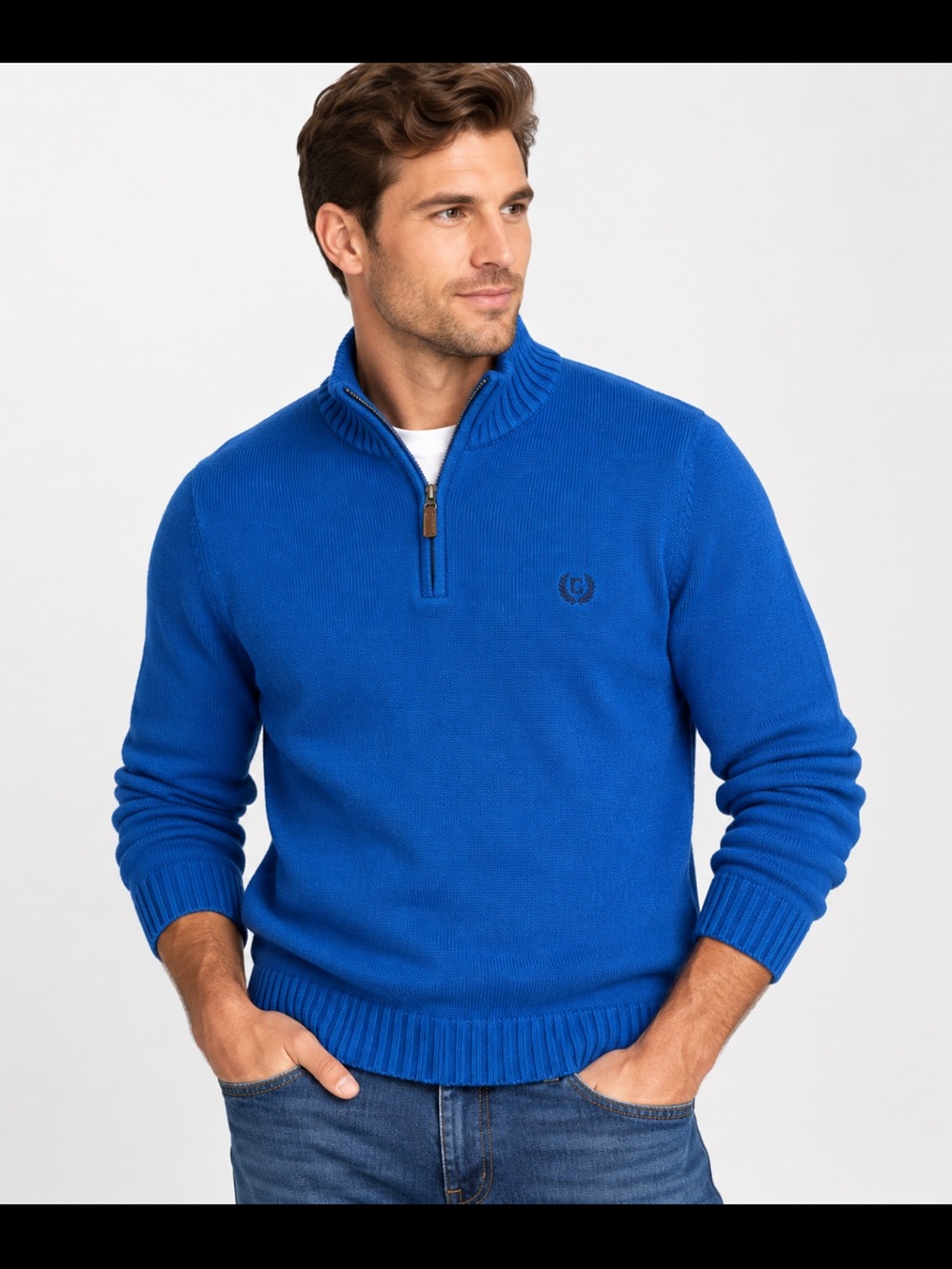 Chaps Men’s Quarter Zip Sweater Royal Blue 100% Cotton Size L
